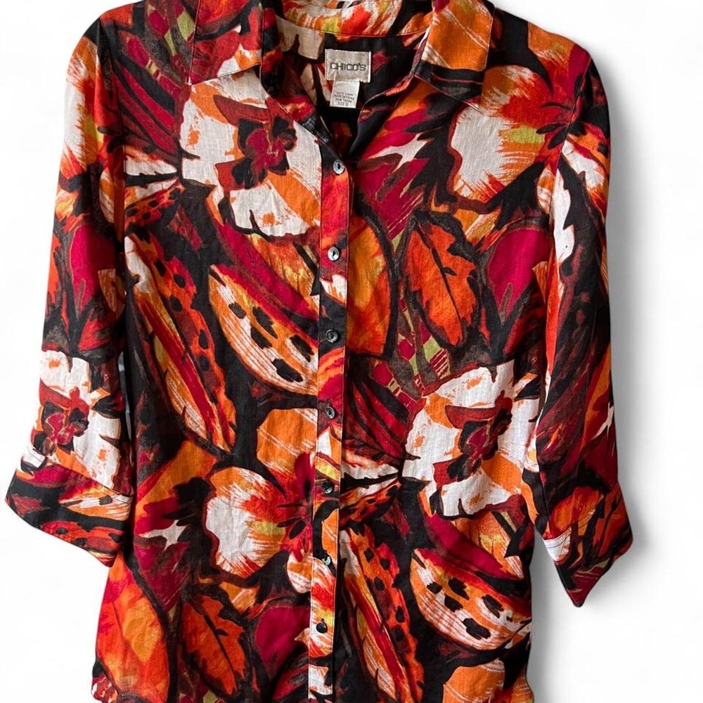Chico's 0/Sm Floral Abstract Linen Button-Up Blouse 3/4 Sleeves Avant Garde